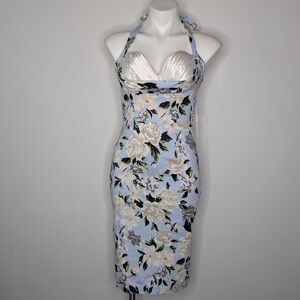NWT Belle Poque Blue White Satin Floral Tie Neck Halter Midi Pencil Dress 8
